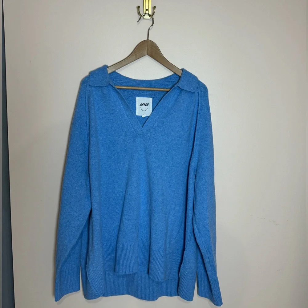 Aerie Oversized Blue unREAL V-Neck Baggy Collared Polo Sweater - Large - Picture 3 of 16